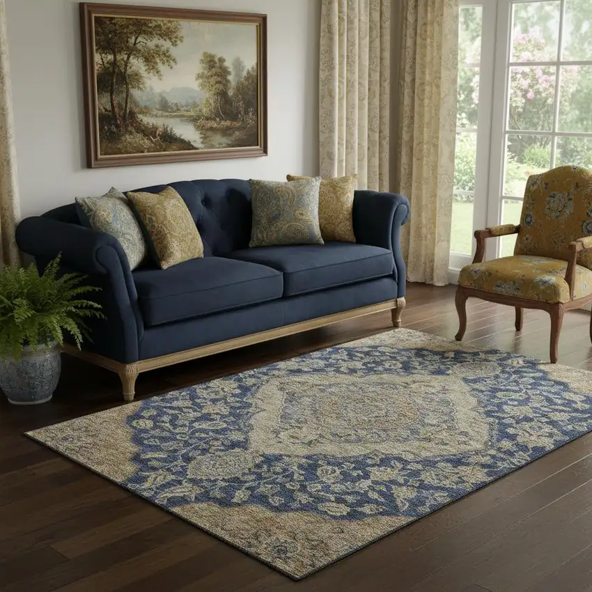 Navy Blue Beige And Gray Floral Medallion Washable Area Rug With UV Protection Photo 2