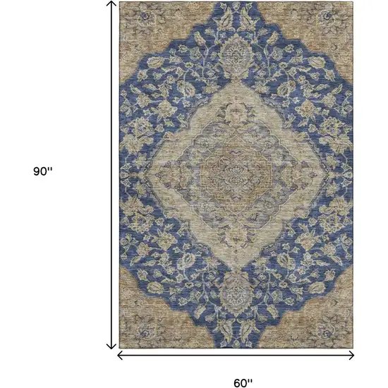 Navy Blue Beige And Gray Floral Medallion Washable Area Rug With UV Protection Photo 9