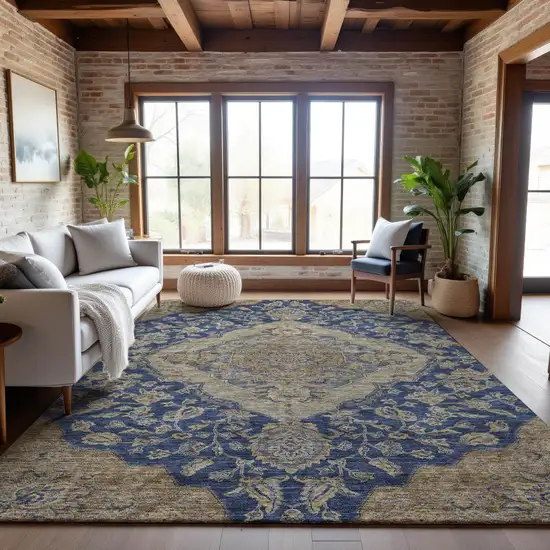 Navy Blue Beige And Gray Floral Medallion Washable Area Rug With UV Protection Photo 3