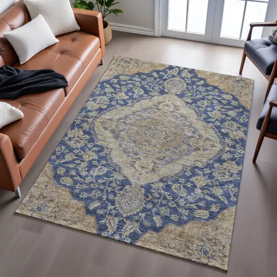 Navy Blue Beige And Gray Floral Medallion Washable Area Rug With UV Protection Photo 4