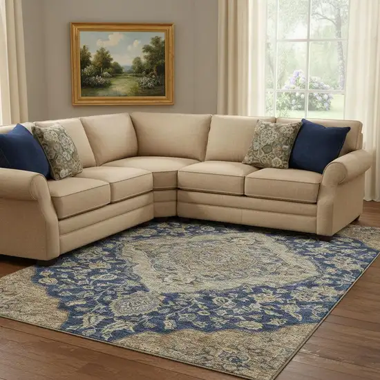 Navy Blue Beige And Gray Floral Medallion Washable Area Rug With UV Protection Photo 2