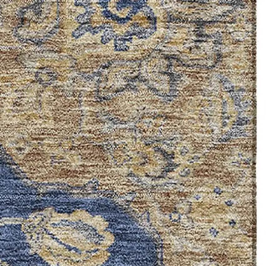 Navy Blue Beige And Gray Floral Medallion Washable Area Rug With UV Protection Photo 2