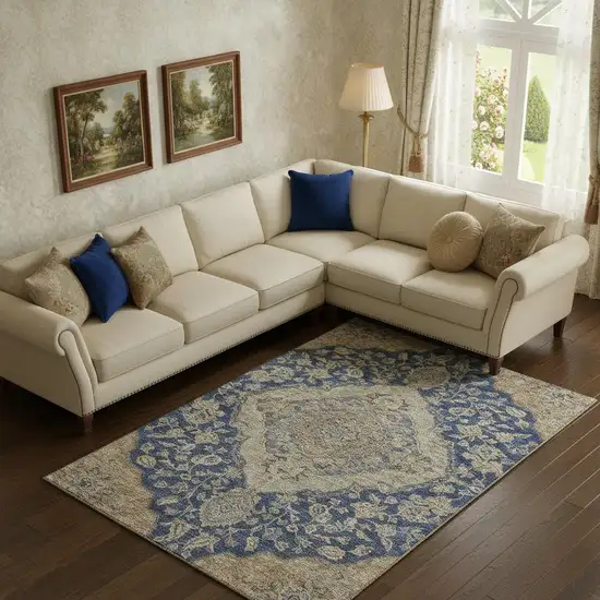 Navy Blue Beige And Gray Floral Medallion Washable Area Rug With UV Protection Photo 2