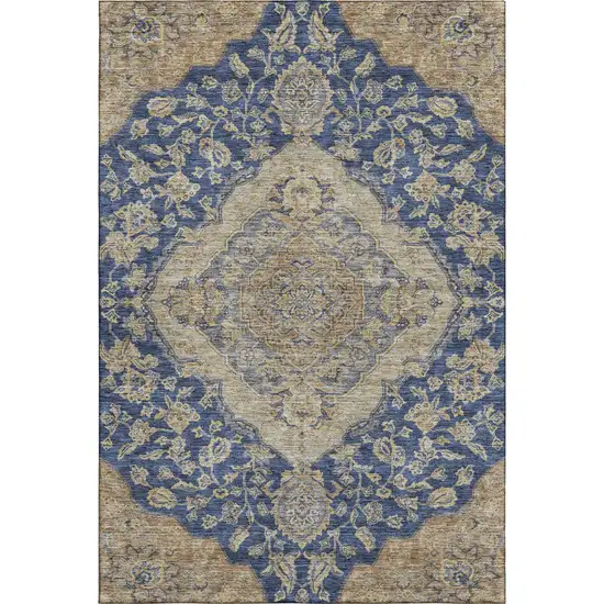 Navy Blue Beige And Gray Floral Medallion Washable Area Rug With UV Protection Photo 1