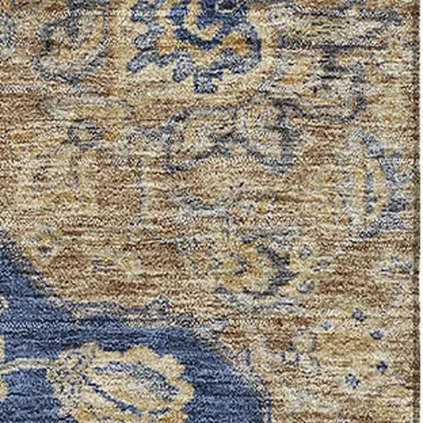 Navy Blue Beige And Gray Floral Medallion Washable Area Rug With UV Protection Photo 2