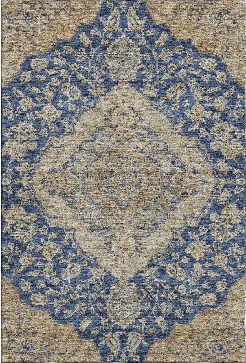 Navy Blue Beige And Gray Floral Medallion Washable Area Rug With UV Protection Photo 1