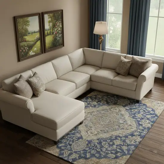 Navy Blue Beige And Gray Floral Medallion Washable Area Rug With UV Protection Photo 2