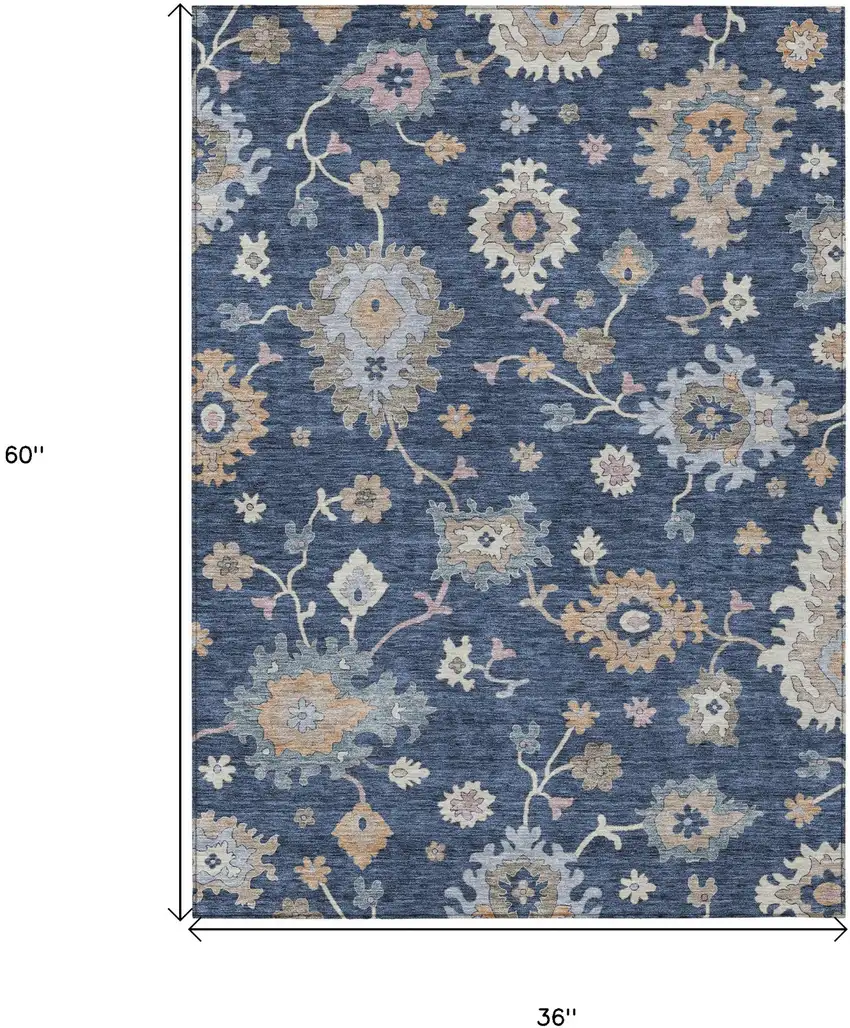 Navy Blue Beige And Gray Floral Washable Indoor Outdoor Area Rug Photo 7