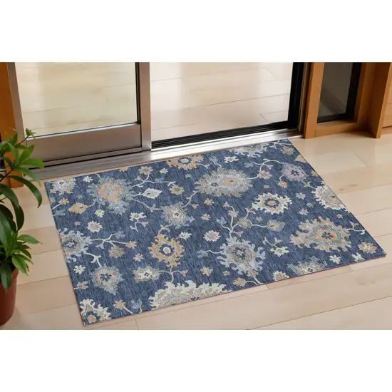 Navy Blue Beige And Gray Floral Washable Indoor Outdoor Area Rug Photo 1