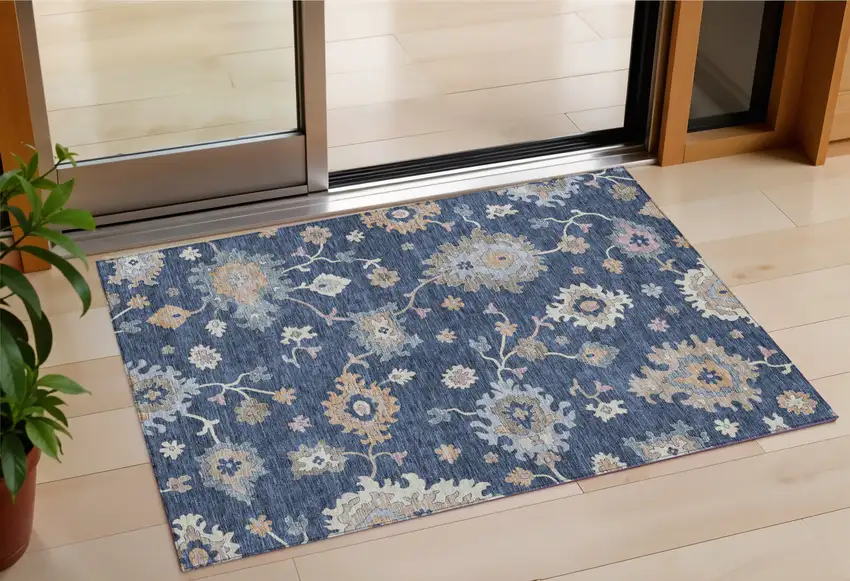 Navy Blue Beige And Gray Floral Washable Indoor Outdoor Area Rug Photo 1
