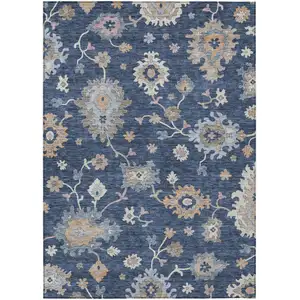 Photo of Navy Blue Beige And Gray Floral Washable Indoor Outdoor Area Rug