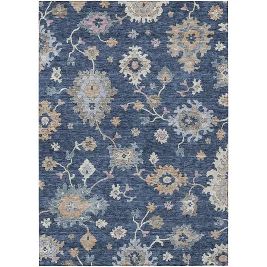 Navy Blue Beige And Gray Floral Washable Indoor Outdoor Area Rug Photo 1