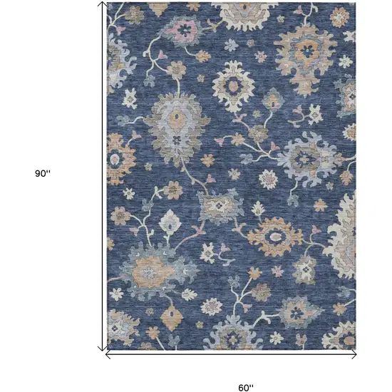 Navy Blue Beige And Gray Floral Washable Indoor Outdoor Area Rug Photo 7