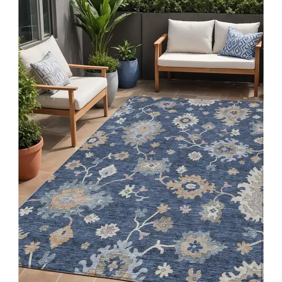 Navy Blue Beige And Gray Floral Washable Indoor Outdoor Area Rug Photo 1