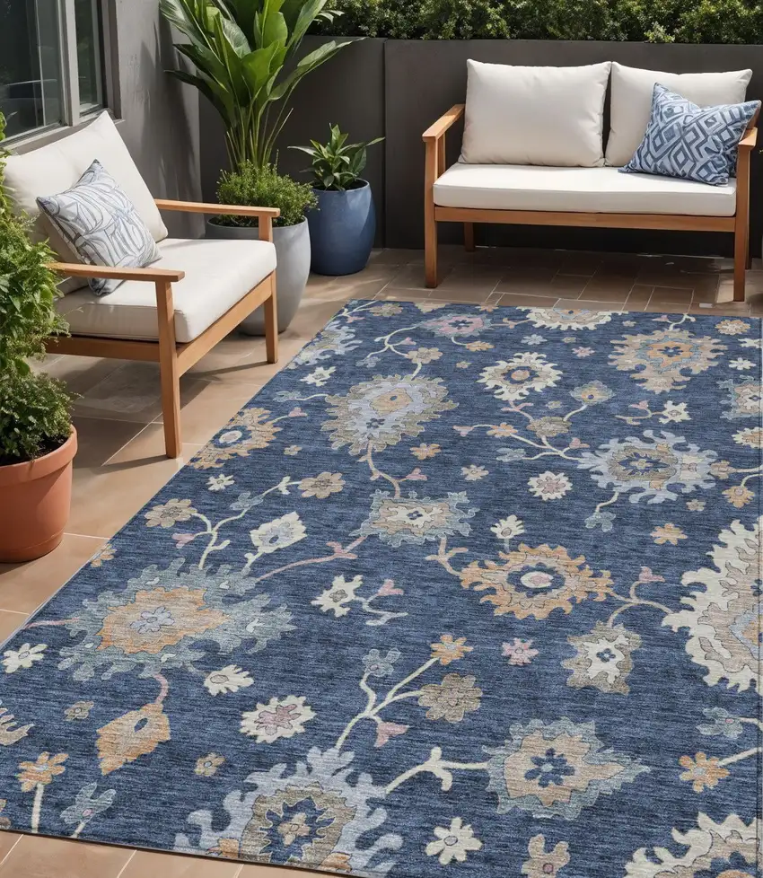 Navy Blue Beige And Gray Floral Washable Indoor Outdoor Area Rug Photo 1