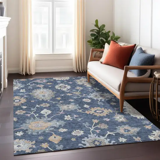 Navy Blue Beige And Gray Floral Washable Indoor Outdoor Area Rug Photo 8