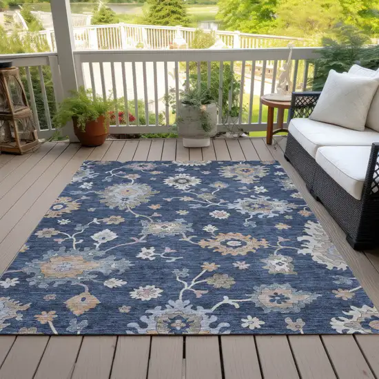 Navy Blue Beige And Gray Floral Washable Indoor Outdoor Area Rug Photo 9