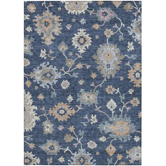 Navy Blue Beige And Gray Floral Washable Indoor Outdoor Area Rug Photo 5