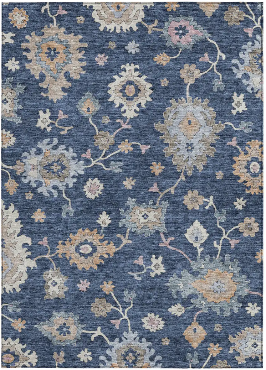 Navy Blue Beige And Gray Floral Washable Indoor Outdoor Area Rug Photo 5