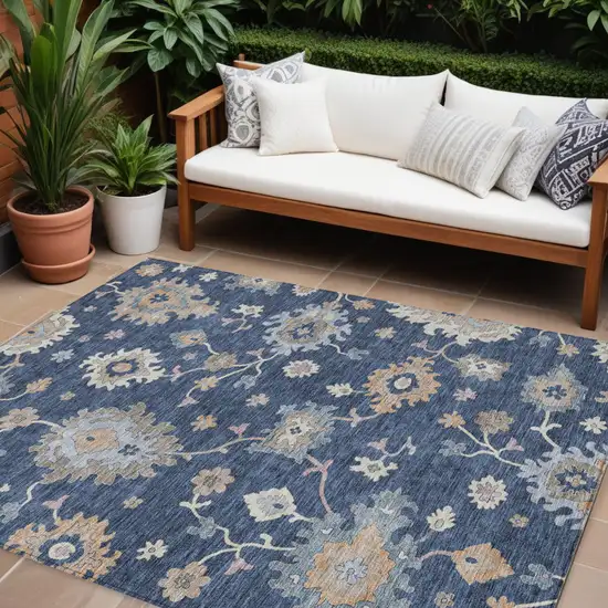 Navy Blue Beige And Gray Floral Washable Indoor Outdoor Area Rug Photo 1