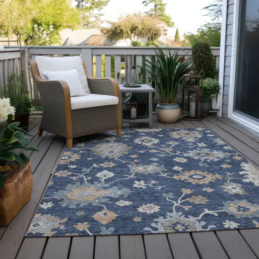 Navy Blue Beige And Gray Floral Washable Indoor Outdoor Area Rug Photo 9