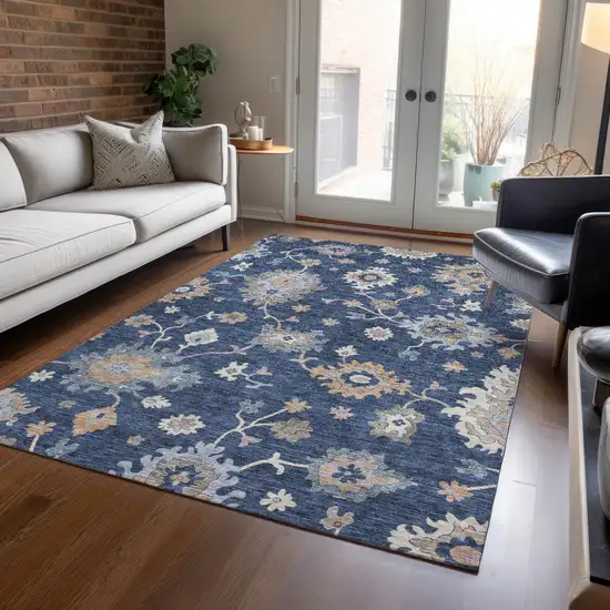 Navy Blue Beige And Gray Floral Washable Indoor Outdoor Area Rug Photo 9