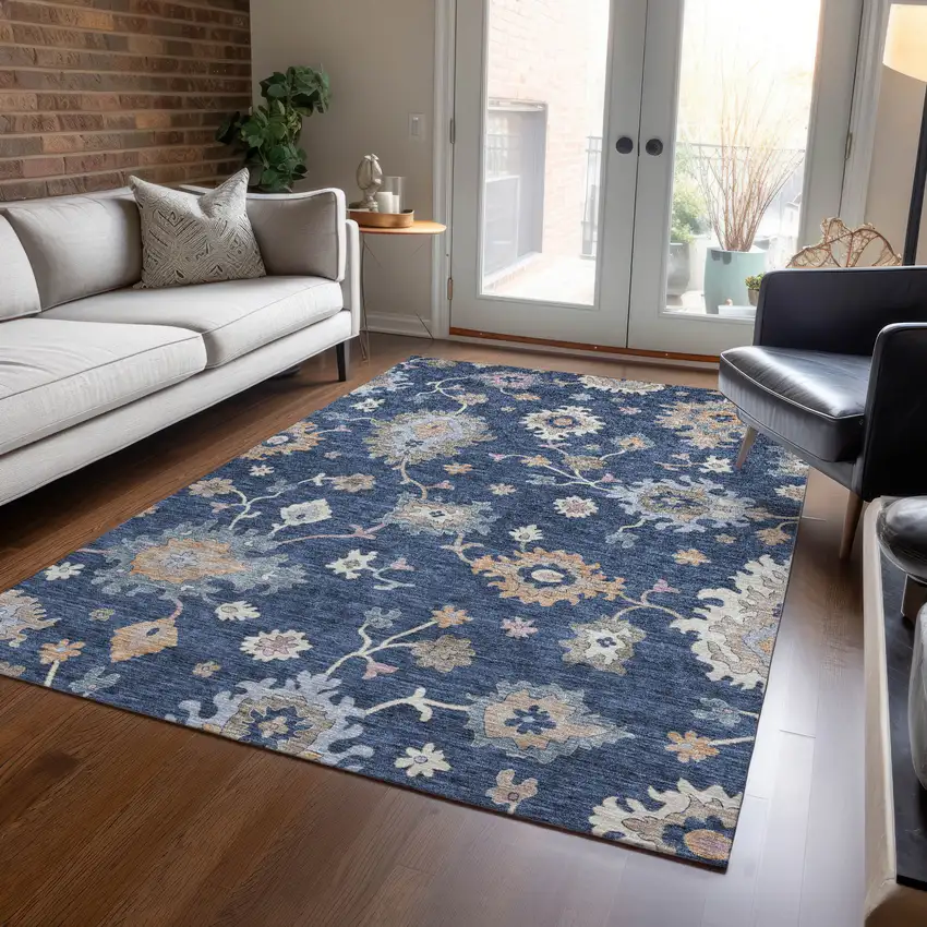 Navy Blue Beige And Gray Floral Washable Indoor Outdoor Area Rug Photo 9