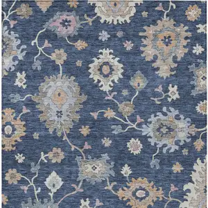 Photo of Navy Blue Beige And Gray Floral Washable Indoor Outdoor Area Rug