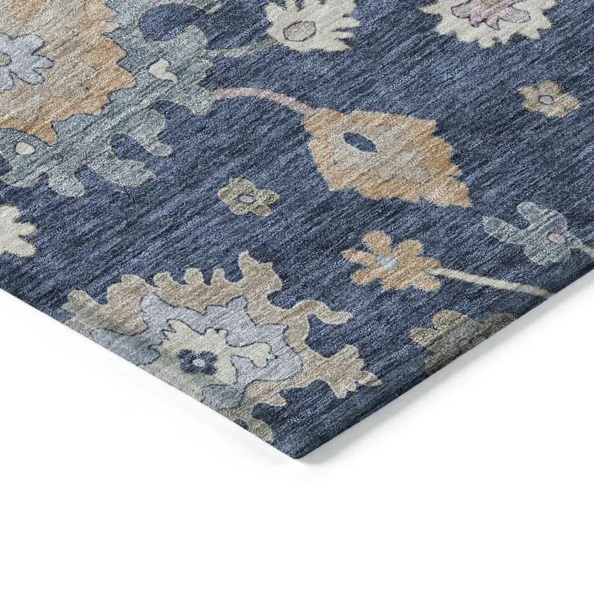 Navy Blue Beige And Gray Floral Washable Indoor Outdoor Area Rug Photo 5