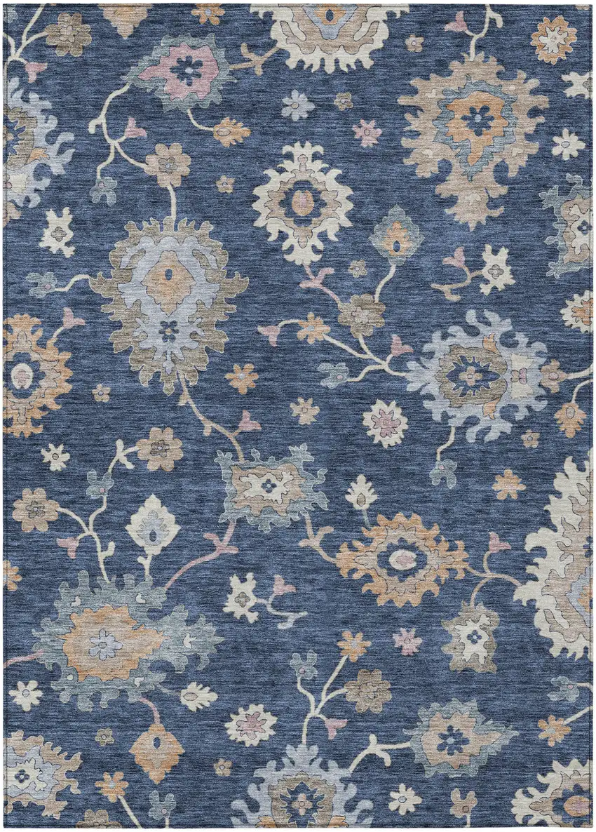 Navy Blue Beige And Gray Floral Washable Indoor Outdoor Area Rug Photo 2