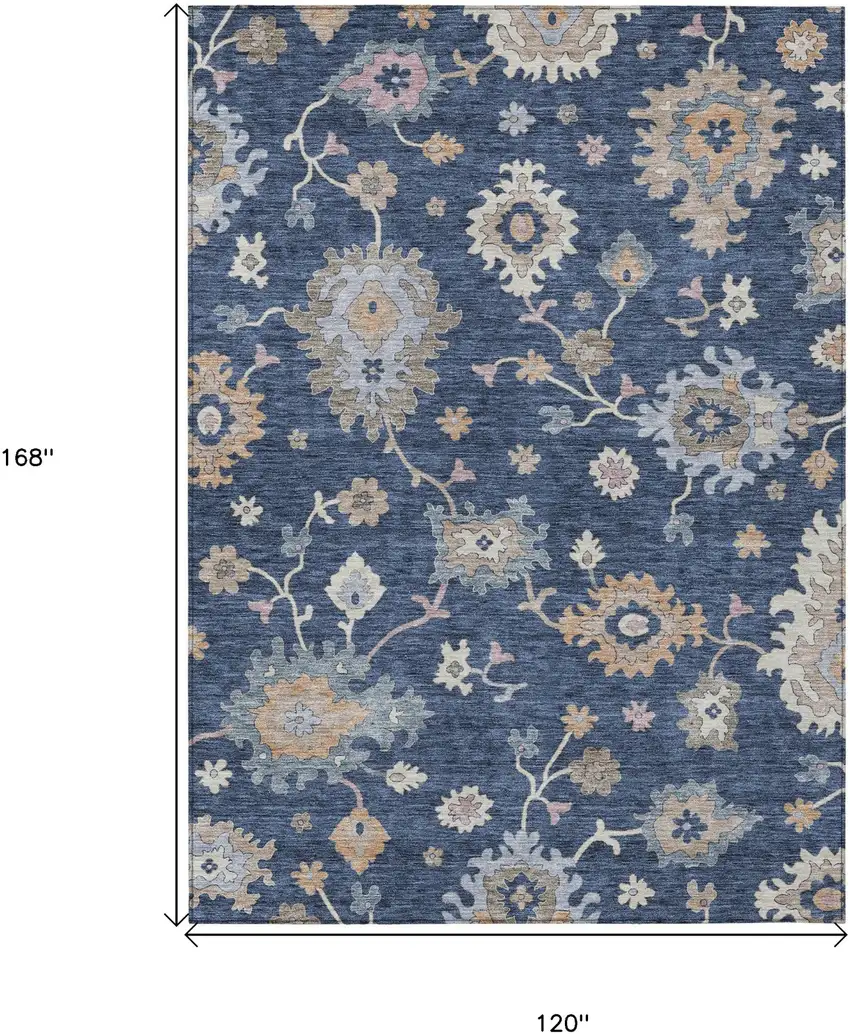 Navy Blue Beige And Gray Floral Washable Indoor Outdoor Area Rug Photo 3
