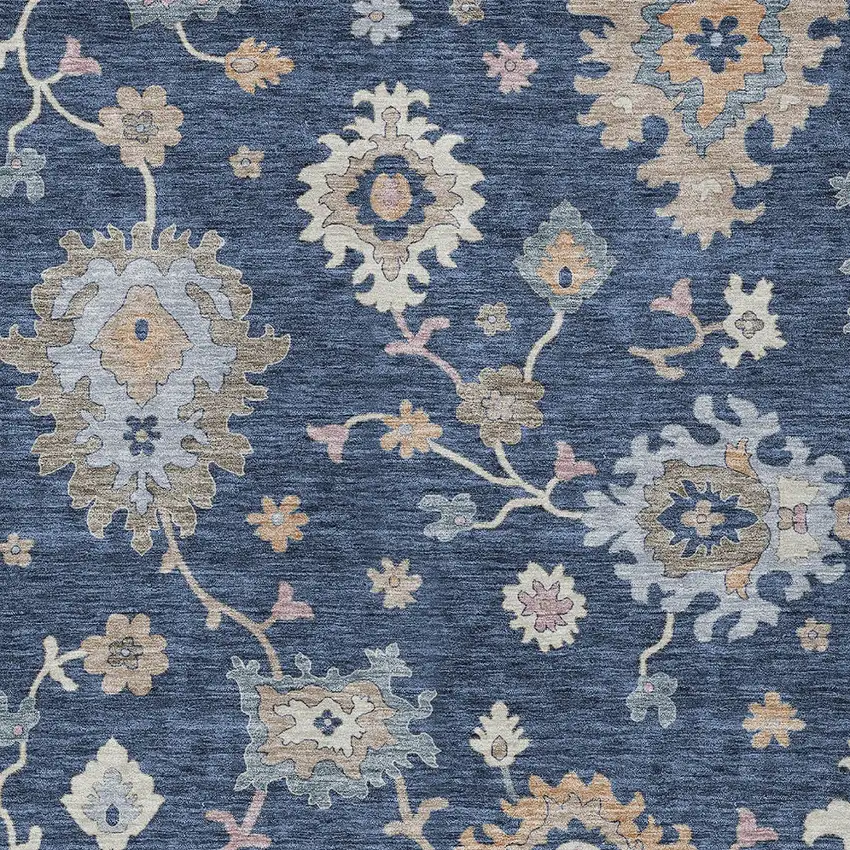 Navy Blue Beige And Gray Floral Washable Indoor Outdoor Area Rug Photo 7
