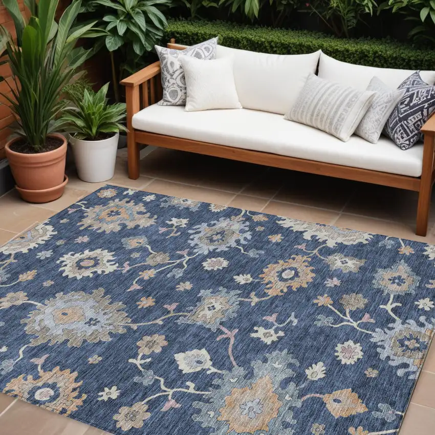 Navy Blue Beige And Gray Floral Washable Indoor Outdoor Area Rug Photo 1