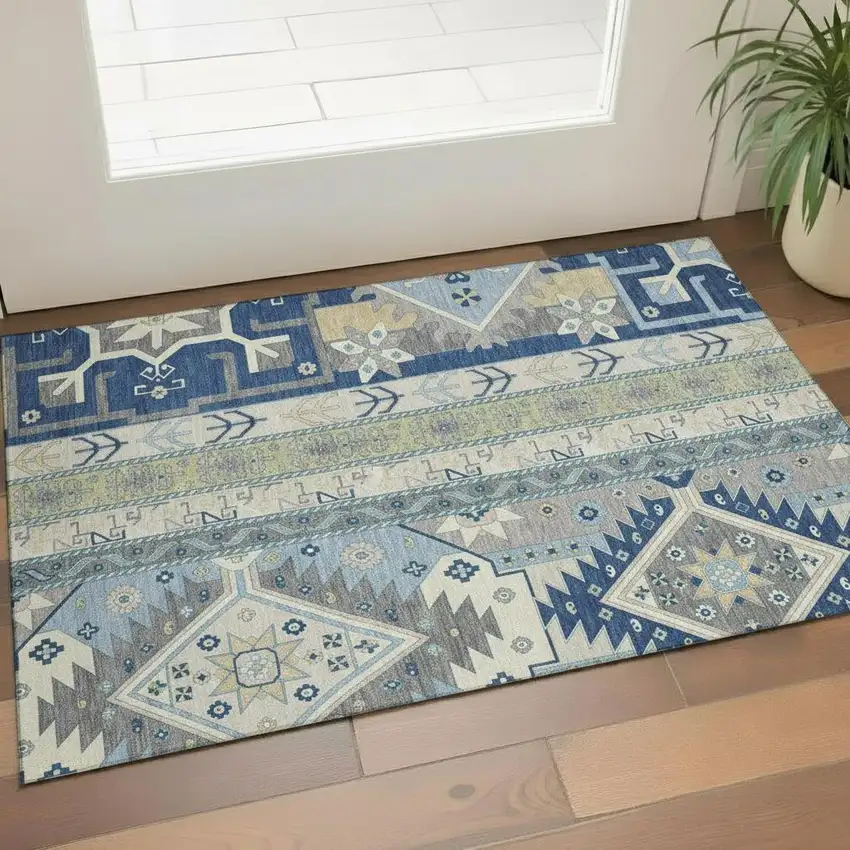Navy Blue Beige And Gray Southwestern Washable Area Rug With UV Protection Photo 2