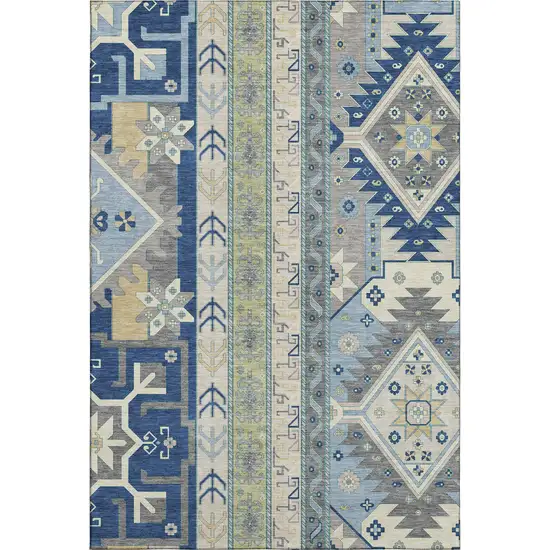 Navy Blue Beige And Gray Southwestern Washable Area Rug With UV Protection Photo 1