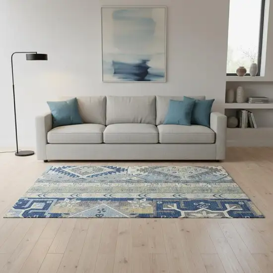 Navy Blue Beige And Gray Southwestern Washable Area Rug With UV Protection Photo 2