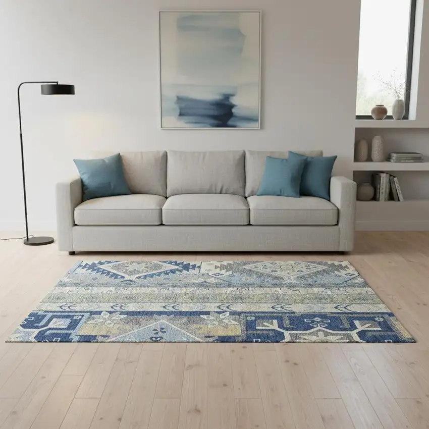 Navy Blue Beige And Gray Southwestern Washable Area Rug With UV Protection Photo 2