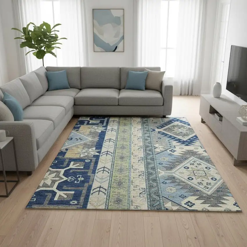 Navy Blue Beige And Gray Southwestern Washable Area Rug With UV Protection Photo 2