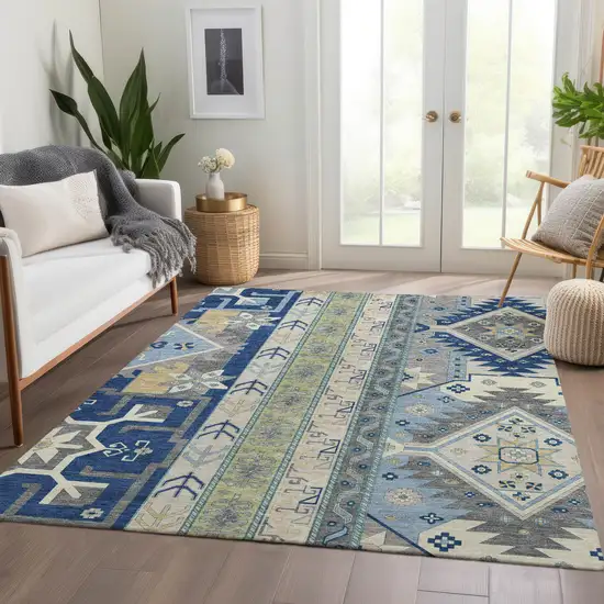 Navy Blue Beige And Gray Southwestern Washable Area Rug With UV Protection Photo 5