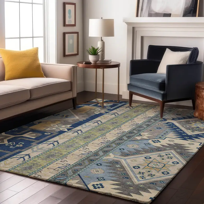 Navy Blue Beige And Gray Southwestern Washable Area Rug With UV Protection Photo 4