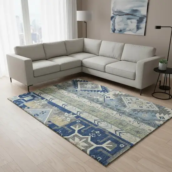 Navy Blue Beige And Gray Southwestern Washable Area Rug With UV Protection Photo 2