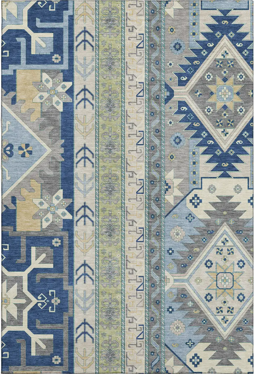 Navy Blue Beige And Gray Southwestern Washable Area Rug With UV Protection Photo 1