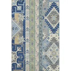Photo of Navy Blue Beige And Gray Southwestern Washable Area Rug With UV Protection