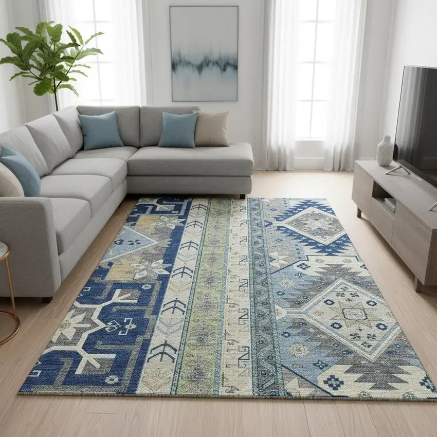 Navy Blue Beige And Gray Southwestern Washable Area Rug With UV Protection Photo 2