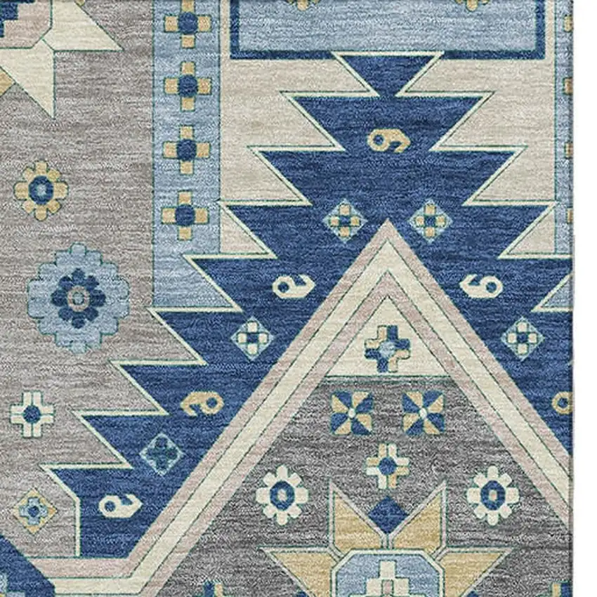 Navy Blue Beige And Gray Southwestern Washable Area Rug With UV Protection Photo 2