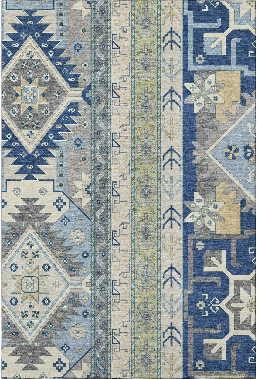 Navy Blue Beige And Gray Southwestern Washable Area Rug With UV Protection Photo 3