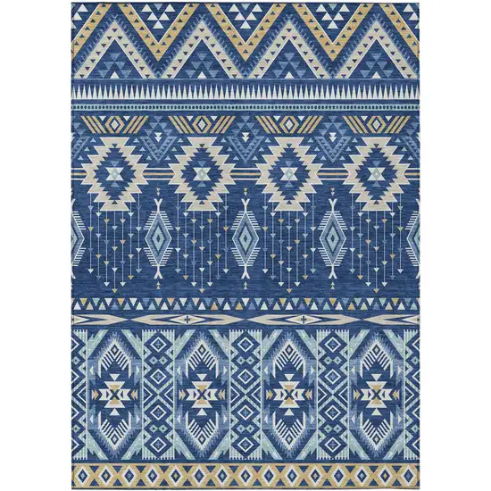 Navy Blue Beige And Ivory Aztec Washable Indoor Outdoor Area Rug Photo 9