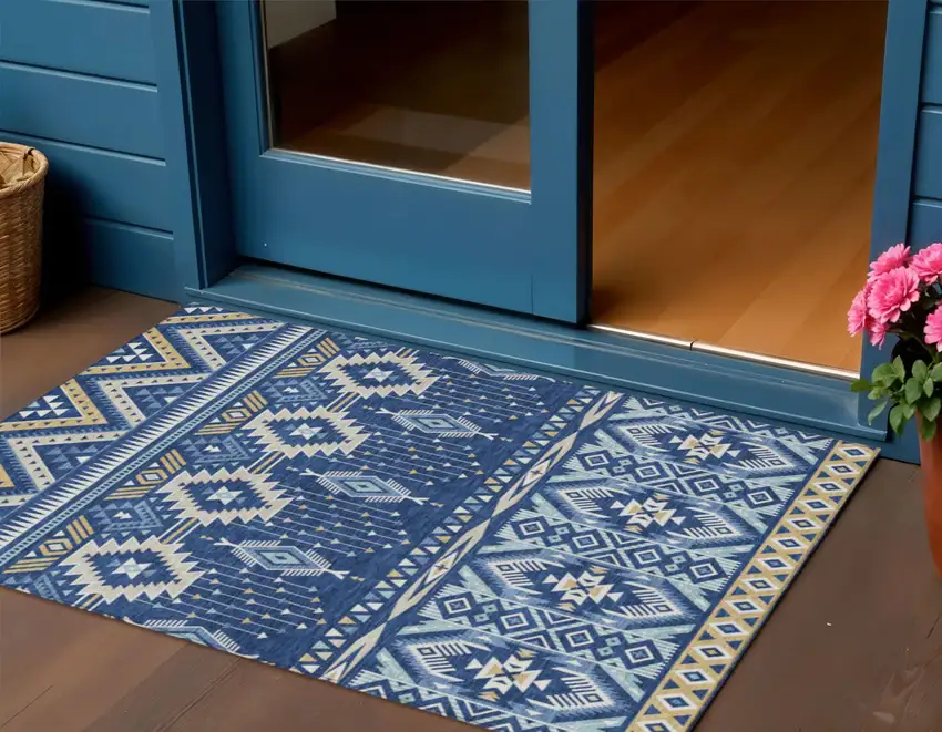 Navy Blue Beige And Ivory Aztec Washable Indoor Outdoor Area Rug Photo 2