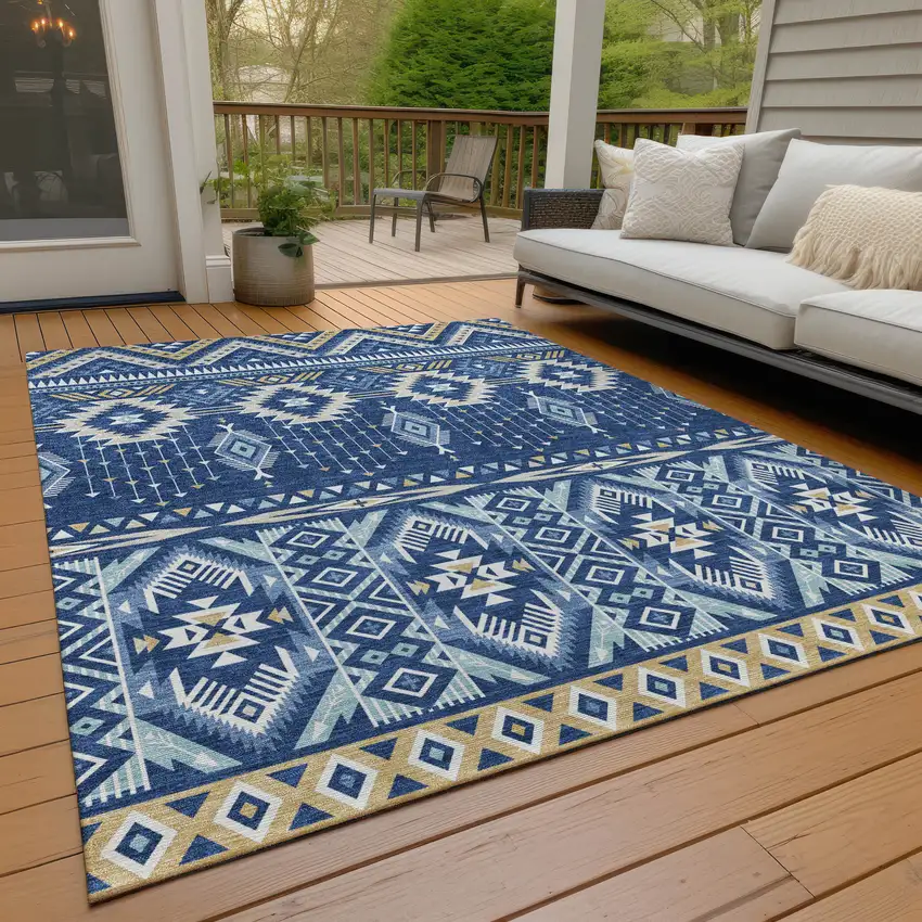 Navy Blue Beige And Ivory Aztec Washable Indoor Outdoor Area Rug Photo 8