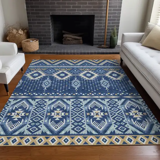 Navy Blue Beige And Ivory Aztec Washable Indoor Outdoor Area Rug Photo 7